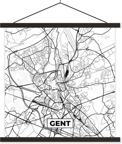Posterhanger incl. Poster 60x60 cm - Schoolplaat - Stadskaart – Plattegrond – België – Zwart Wit – Gent – Kaart - Textielposter - Zwarte latten - Stadskaart