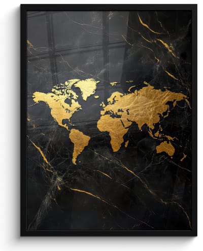 Poster in lijst - Fotolijst 60x80 cm - Posters - Wereldkaart - Goud - Marmer - Posterlijst zwart - Decoratie - Wanddecoratie woonkamer - Muurdecoratie slaapkamer