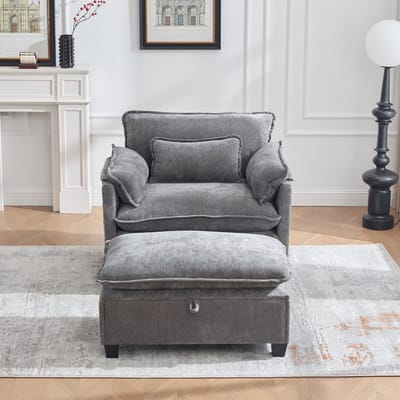 Moderne extra grote fauteuil met voetenbank en kruk, fluwelen loungestoel met zijvakken en kussens, comfortabele leesstoel voor woonkamer, slaapkamer en appartement（Grijs）