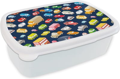 Broodtrommel Wit - Lunchbox - Brooddoos - Patroon - Auto - Verkeer - 18x12x6 cm - Volwassenen