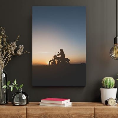 Artaza Canvas Schilderij Motorrijder - 20x30 cm - Klein - Wanddecoratie Zon - Muurdecoratie Mannen - Schilderijen Op Canvas Silhouet