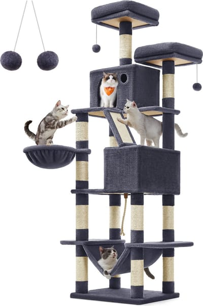 FurnStar - XXL Krabpaal 206 cm - Grote Kattenboom - 13 Krabzuilen - 2 Platforms - 2 Holletjes - Mand - Hangmat - Pluche Ballen - Meerdere Verdiepingen - Rookgrijs