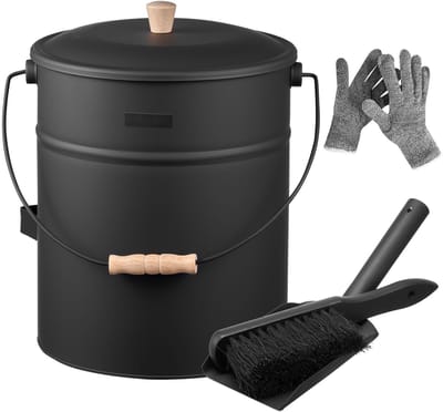 As emmer met deksel - Set van 4 - Inhoud 15 liter - Metalen kolenbak - Inclusief schep, bezem en handschoenen - Voor open haard, vuurkorf en houtkachel