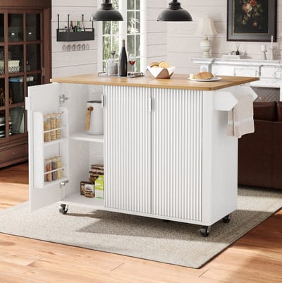 MEUNIQ Keukeneiland 130 x 45/75 x 92 cm met uitklapbaar blad, 3 deuren, verstelbare planken, kruidenrek, handdoekhouder en wielen voor keuken of eetkamer, wit