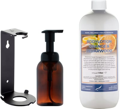 Zeepdispenser 300 ml amber bruin hervulbaar + 1 liter Bodylotion Sweet Orange & Cedarwood navulling (inclusief beugel)