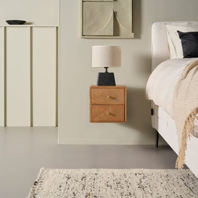 Zwevend Nachtkastje Borba - Mangohout - Lichtbruin - 30x30x30 cm (BxHxD) - 2 Lades - Kleur Tikamoon Walnut - Wandmontage