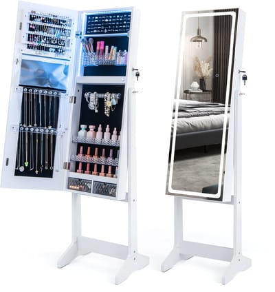 COSTWAY Sieradenkast met spiegel, spiegelkast met 3-kleurige ledverlichting, afsluitbaar, vrijstaand, kantelbaar, sieradenrek met laden, 41 x 38,5 x 151 cm