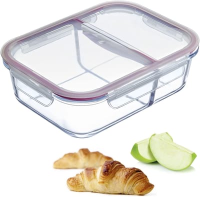 Famanu - Glazen vershouddoos, inhoud 980 ml, met 2 vakken, magnetron- en ovenbestendig, glas/siliconen/kunststof
