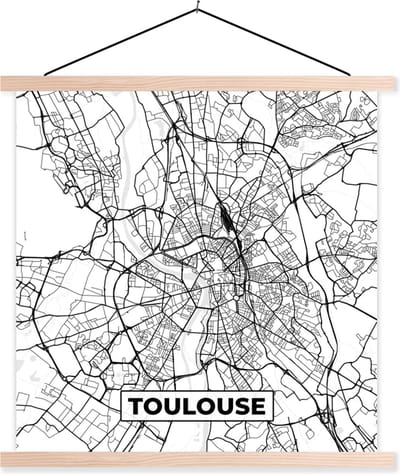Posterhanger incl. Poster 40x40 cm - Schoolplaat - Kaart - Stadskaart - Toulouse - Frankrijk - Plattegrond - Zwart wit - Textielposter - Blanke latten - Stadskaart