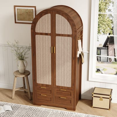 MODENUIT Kledingkast - Gebogen Deuren Met Lade En Roede - Voor Slaapkamer En Hal - MDF - 80x50x179 Cm - Walnoot