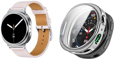 Strap-it Bundel – Leren Smartwatch Band met Gespsluiting (Roze) + TPU Soft Case Beschermhoes (Zilver) geschikt voor Samsung Galaxy Watch 8 (44mm)