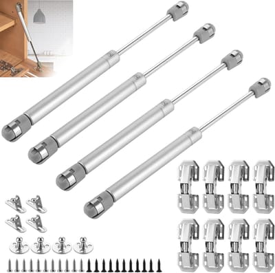 Pack of 4 gas springs 100 N/10 kg - 8 x screw hinges - gas springs - screw hinge 90° - hinges voor kastdeuren - houten deuren