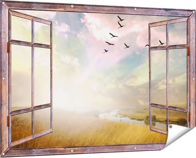 Gards Tuinposter Doorkijk Groep Vogels Vliegen Boven het Gras - 150x100 cm - Tuindoek - Tuindecoratie - Wanddecoratie buiten - Tuinschilderij