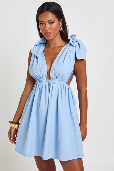 boohoo Dames Katoenen Poplin Mini Skater Jurk Met Strikschouders | Babyblauw | Maat: 44