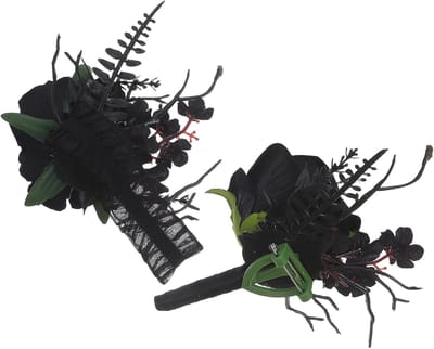 Neprozen Corsage Set - Polsbloem Boutonnière - Bruiloft Accessoires - Gotische Flair - 13.5 x 10 cm - Zwart