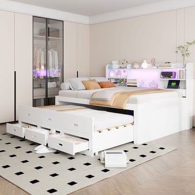 REDOM Bedbank 140x200 cm van MDF/spaanplaat – Met uitschuifbed, 3 lades, LED en USB/Type-C – Wit