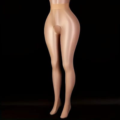 Nieuwe Open Kruis Dames Olie Glanzende Panty Glanzende Panty Glans Sexy Paardenolie Helder Ondergoed Lingerie Halloween Kostuum Voorraad One Size beige