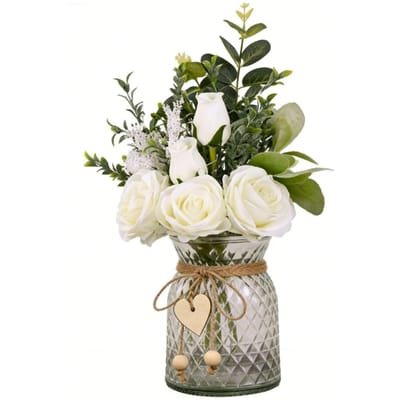 Fleurs Artificielles avec Vase Roses Artificielles en Soie dans un Vase Arrangement de Plantes Artificielles pour la Décoration de la Maison, du Bureau, de la Salle à Manger beige
