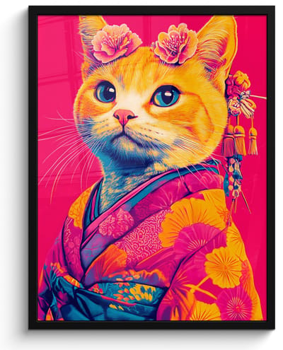 Poster in lijst - Fotolijst 50x70 cm - Posters - Kat - Kimono - Bloemen - Roze - Posterlijst zwart - Decoratie - Wanddecoratie woonkamer - Muurdecoratie slaapkamer