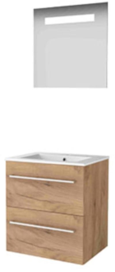 Basic-Line Economic 46 Badkamermeubelset - 60 x 46 cm - Met Grepen - 2 Lades - Keramische Wastafel - 1 Kraangat - Spiegel met LED Verlichting - Whisky Oak