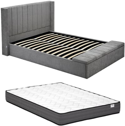 Vente-unique Bed met opbergruimte stof grijs 140 x 190 cm