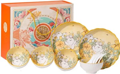 Japanse Servies Set met 4 Kommen, 2 Borden, 4 Aziatische Soeplepels - Keramiek - Geel/Wit met Schattig Konijn & Bloemen Design - Leuk voor Pasen