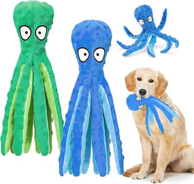 Famanu – Piepende hondenknuffel octopus – Zonder vulling – Met knisperstof – Puppy kauwspeelgoed