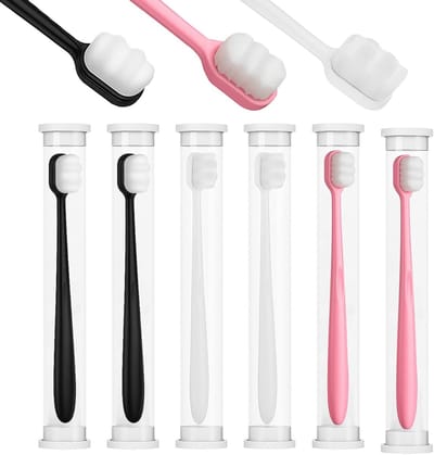 Set van 6 Extra Zachte Tandenborstels met 20.000 Micro Nano Borstels voor Gevoelige Tandvlees, Ideaal voor Volwassenen en Kinderen, Kleur: Wit, Zwart, Roze