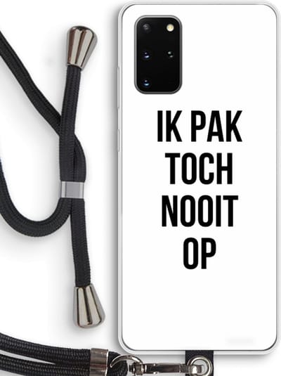 Case Company® - Hoesje met koord geschikt voor Samsung Galaxy S20 Plus hoesje met Koord - Ik pak nooit op - Telefoonhoesje met Zwart Koord - Bescherming aan alle Kanten en Over de Schermrand