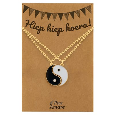 BFF Ketting voor 2 'Hiep Hiep Hoera' - Magnetische Yin Yang - Vriendschapsketting op Cadeau Kaartje - 45cm + 5cm verstelbaar - Goudkleurig - Verjaardags Hanger - Pax Amare