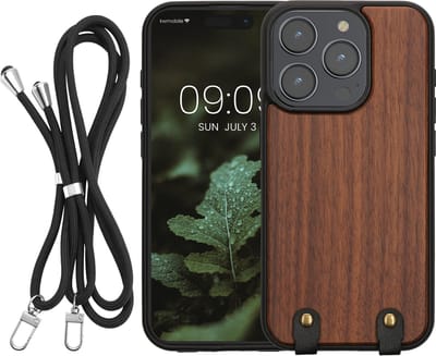 kwmobile Houten telefoonhoes met koord geschikt voor Apple iPhone 15 Pro Hoesje - Houten hoesje met telefoonkoord - donkerbruin