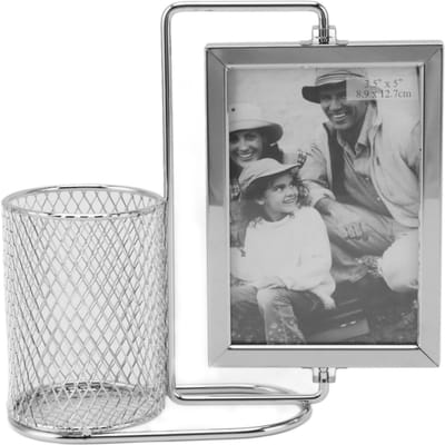 Porte-stylo Cadre photo Acier inoxydable Grande capacité Multi-usage Design rotatif Décoratif gray