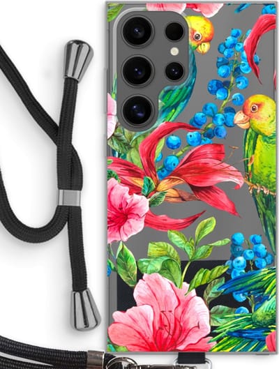 Case Company® - Hoesje met koord geschikt voor Samsung Galaxy S24 Ultra hoesje met Koord - Papegaaien - Telefoonhoesje met Zwart Koord - Bescherming aan alle Kanten en Over de Schermrand