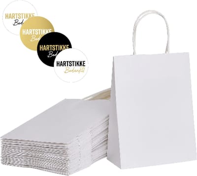 50 x papieren draagtassen Van Witte Kraftpapier Met Gevlochten Oren 18x8x22cm en stickers "Hartstikke bedankt" / Kraft Papieren Tasjes Met Handvat/ Cadeautasjes met gedraaid handgrepen / Zakjes/