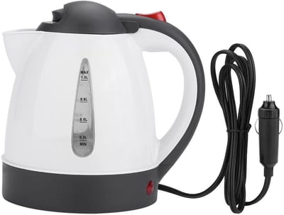 Elektrische waterkoker voor in de auto – 24 Volt – 1 liter – 250 watt - Roestvrij staal - Draagbare thermoskan - Geschikt voor vrachtwagens, auto's, campers of boten - Kan worden gevoed via een 24V-stekker of sigarettenaansteker - Wit