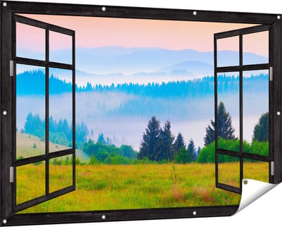 Gards Tuinposter Doorkijk Mistige Heuvel Landschap met Bossen - 150x100 cm - Tuindoek - Tuindecoratie - Wanddecoratie buiten - Tuinschilderij