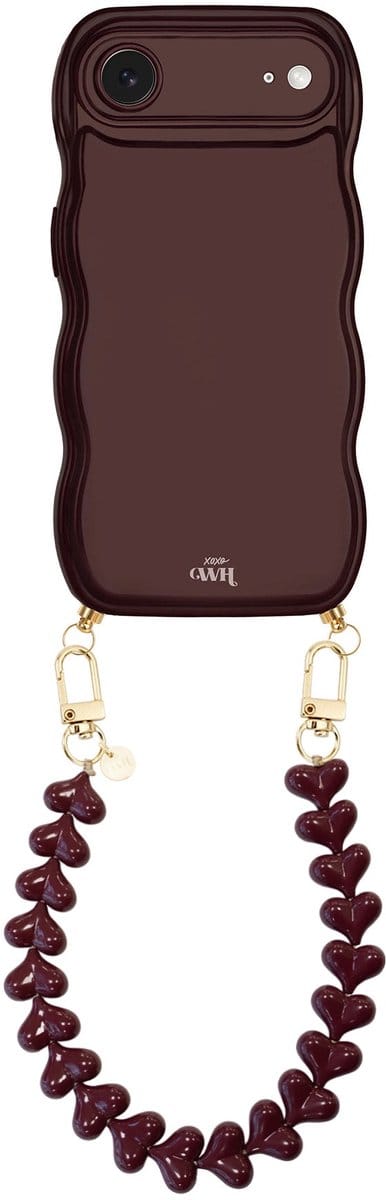 xoxo Wildhearts Glossy Wavy Cord Case Burgundy - Funky Hearts (Burgundy) - geschikt voor iPhone Air - hoesje met koord - telefoonkoord met hartjes - golvend hoesje - silicone case - schokbestendig - bordeaux rood