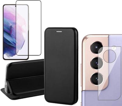 Hoesje geschikt voor Samsung Galaxy S21 FE - Book Case Kunstlederen Wallet Cover Minimalistisch Pasjeshouder Hoes Zwart - Full Tempered Glass Screenprotector - Camera Lens Protector