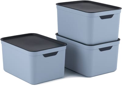 Rotho Jive opbergboxen set van 3 Opbergdozen 16 L met Deksel, Kunststof (PP Gerecycled), blauw/Antraciet, 3 x 16 L (37,5 x 27,8 x 29,8 cm)