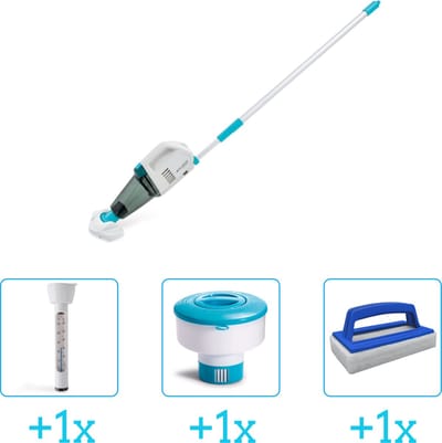 Zwembadonderhoud - Intex Zwembad stofzuiger ZR100 - Oplaadbaar - Handmatig - 28626 inclusief Thermometer - Chloordrijver en Scrubborstel - 4-delig - Ideaal voor zwembaden tot 549 m lengte - Zwembadstofzuiger