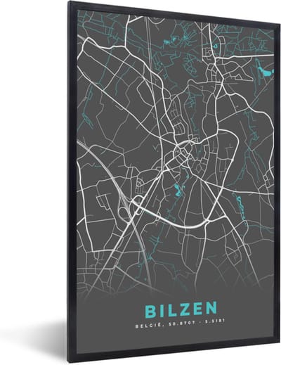 Fotolijst incl. Poster - Kaart – Plattegrond – Stadskaart – Bilzen – België - Grijs - 40x60 cm - Posterlijst
