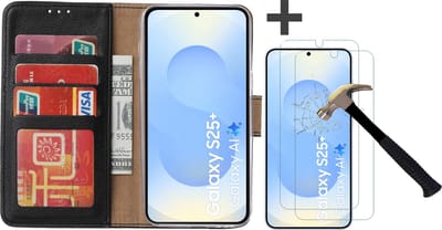 Hoesje met 2 Stuks Screenprotectors Geschikt voor Samsung Galaxy S25 Plus – Arara bookcase met pasjeshouder - Zwart