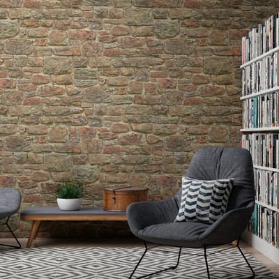Fotobehang Profhome 393181-GU vliesbehang hardvinyl warmdruk in reliëf glad in steen look mat oranje rood bruin 1,59 m x 2,8 m