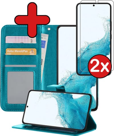 Hoesje - Met 2x Screenprotector - Geschikt voor Samsung Galaxy S22 - Luxe Pasjeshouder - Flip Case - Bookcase Portemonee - Kunstleer Book Case - Flipcase Hoes - Book Cover - Walletcase - Portemonneehoes - Telefoonhoes - Turquoise