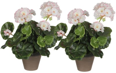 Mica Decorations Kunstplant - 2x - geranium - wit/roze - in pot - 34 cm - nepplanten - kunstbloemen