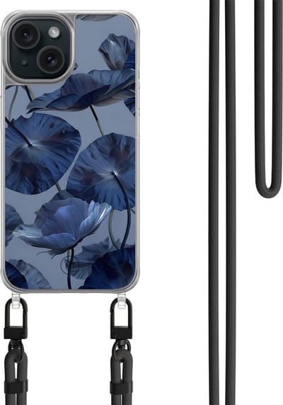 Hoesje met koord geschikt voor iPhone 13 - Dusky blooms - Inclusief zwart koord - Crossbody beschermhoes - Transparant, Paars - Mooie Telefoonhoesjes