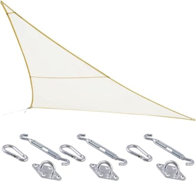 Polyester schaduwdoek/zonnescherm Curacao driehoek wit 4 x 4 x 4 meter - inclusief bevestiging haken set
