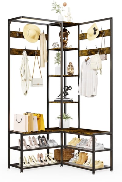 unho kapstok met bank - hoekkapstok met 10 haken en planken - kledingstang met schoenenrek - open garderobe gangrek - 146x30x178.5cm - ruimtebesparend - industrieel ontwerp