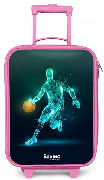 NoBoringSuitcases.com® - Kinderkoffer roze - Kindertrolley meisje - Basketbalspeler in neon dribbelactie - Koffer kind lichtgewicht - Reiskoffer trolley voor kinderen - Koffertje met lichtgevende wieltjes - Rolkoffer