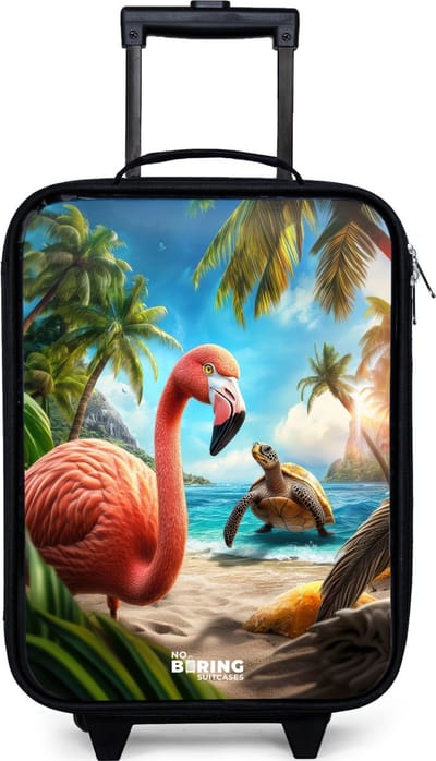 NoBoringSuitcases.com® - Kinderkoffer jongen - Kindertrolley meisje - Flamingo en schildpad op tropisch strand - Koffer kind lichtgewicht - Reiskoffer trolley voor kinderen - Koffertje met lichtgevende wieltjes - Rolkoffer zwart